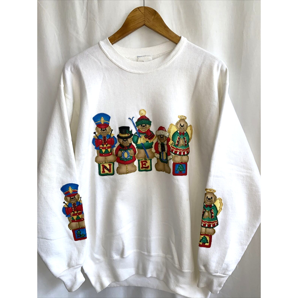 HANES Heavy Weight Vintage Ugly Christmas Sweatshirt Teddy Bears Painted Size M